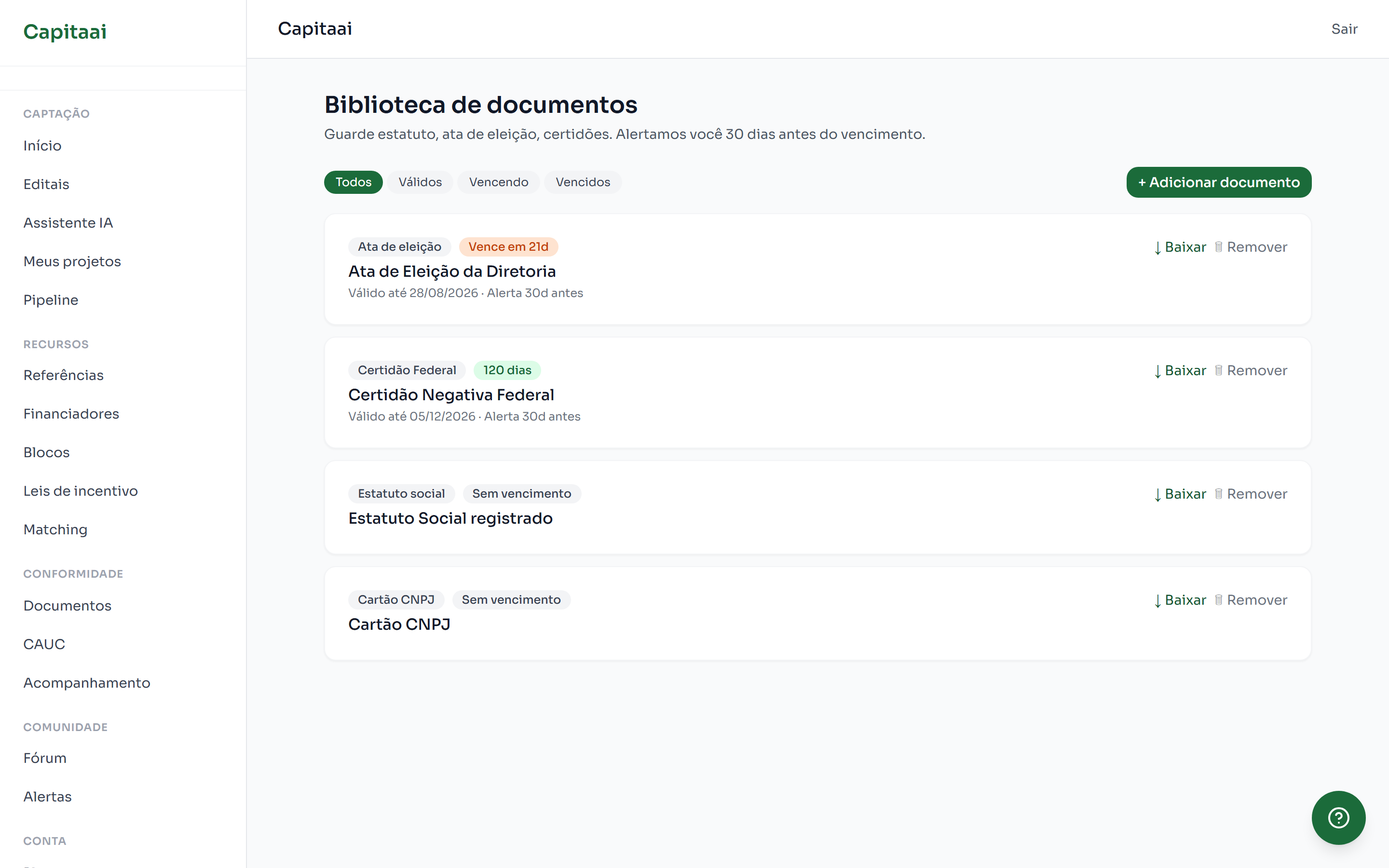Biblioteca de documentos do Capitaai, com estatuto, cartão CNPJ, certidão federal e ata de eleição, mostrando o aviso de vencimento em 21 dias.
