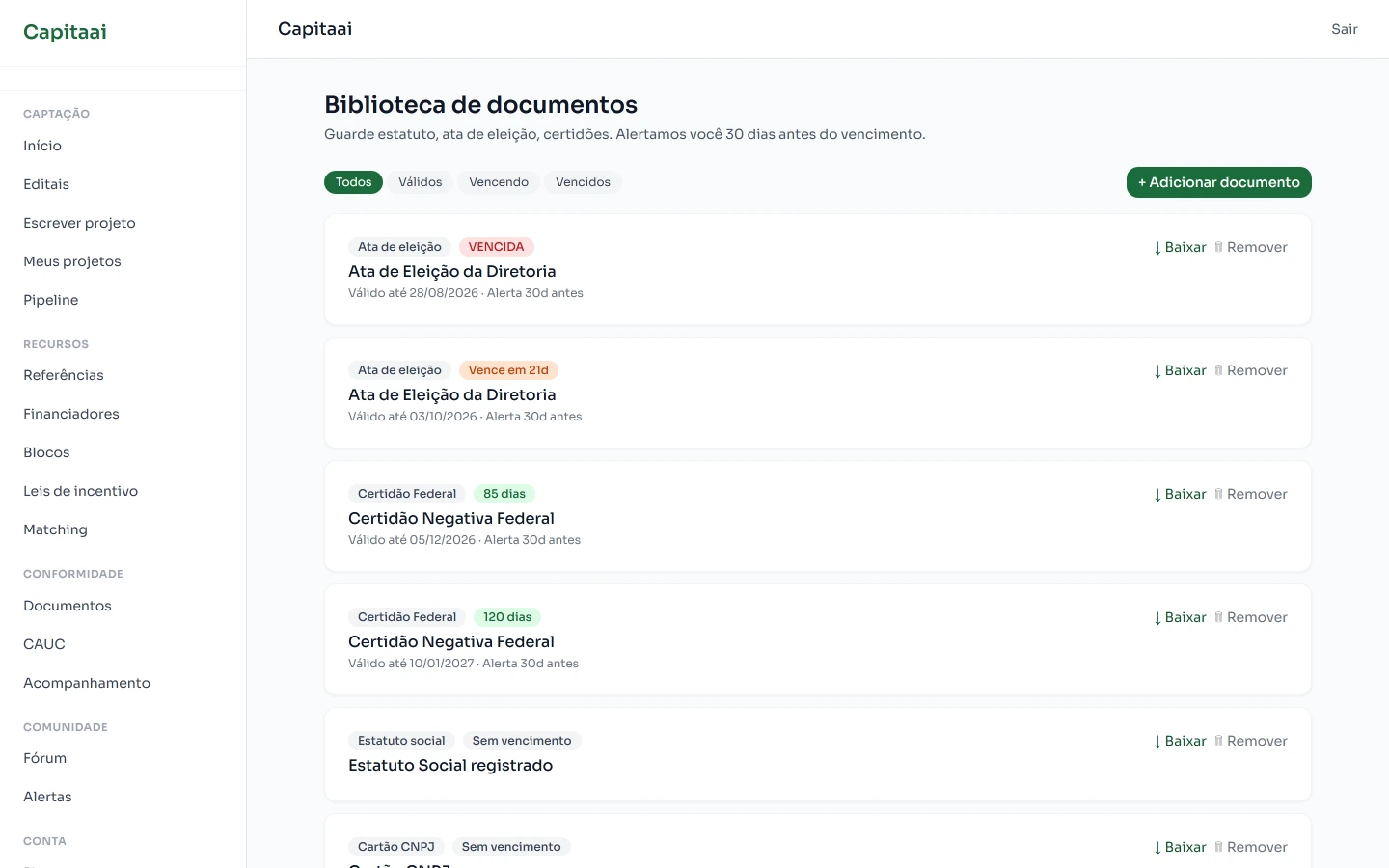 Tela do Capitaai: Junta o que costuma derrubar a proposta