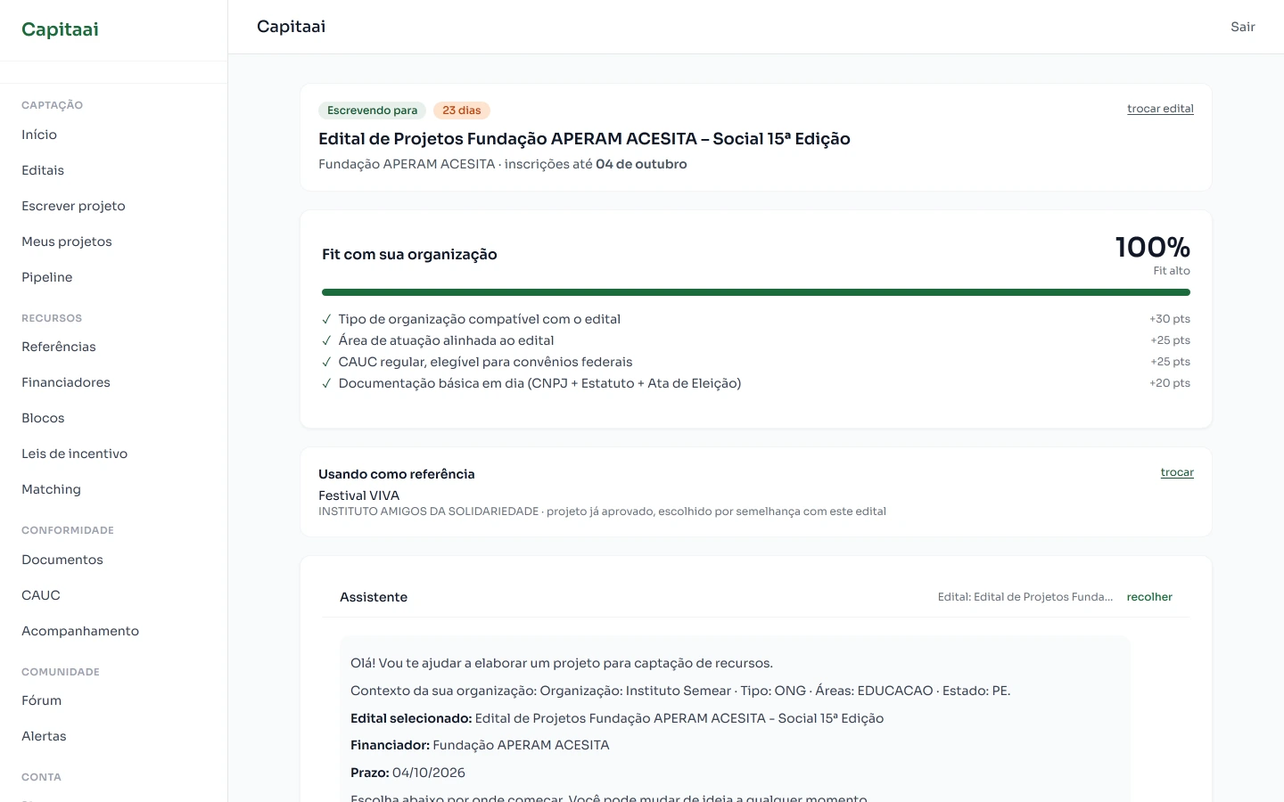 Tela do Capitaai: Escreve o projeto