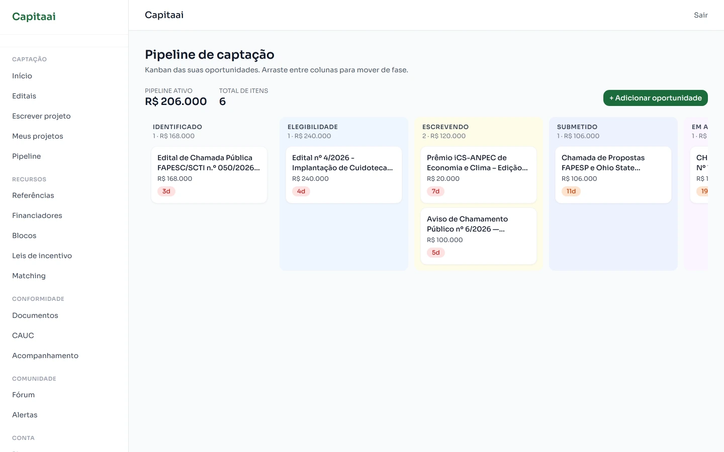 Tela do Capitaai: Organiza e submete
